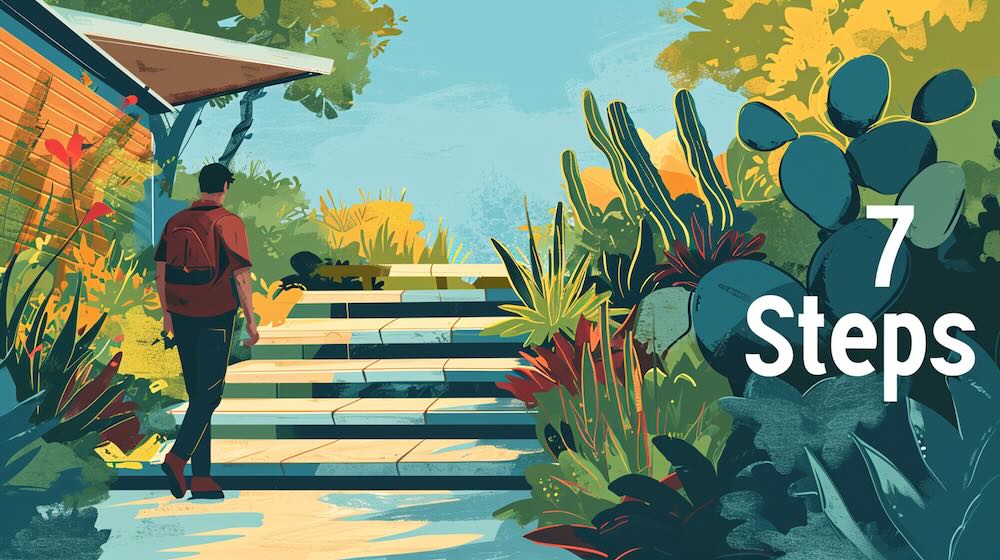 illustration showing a man walking up steps in a drought tolerant yard and the words "7 steps"