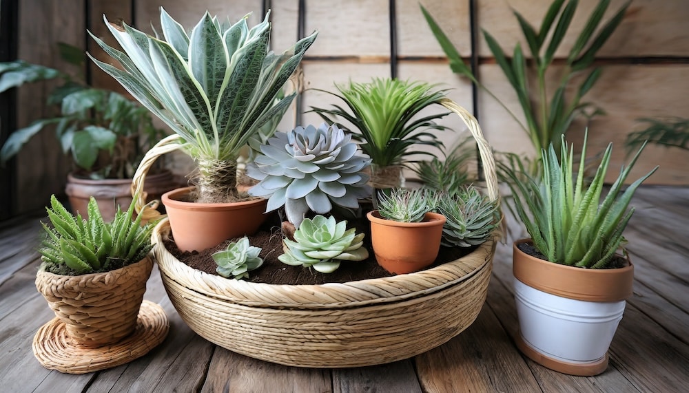 Succulent plants arranged in a basket on a wooden table, adding a touch of nature to the rustic setting