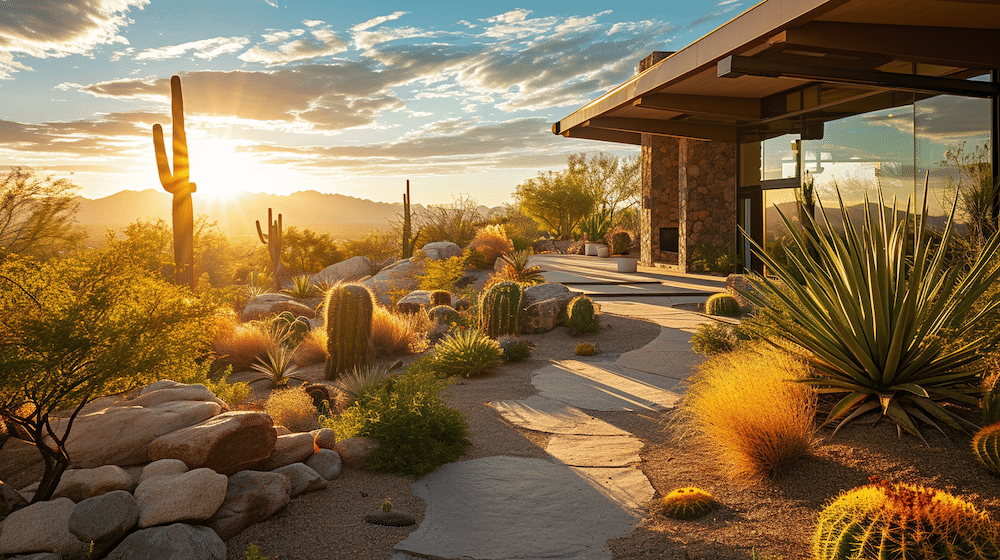 A scenic desert landscape featuring cacti and rocks, showcasing the arid beauty of nature.