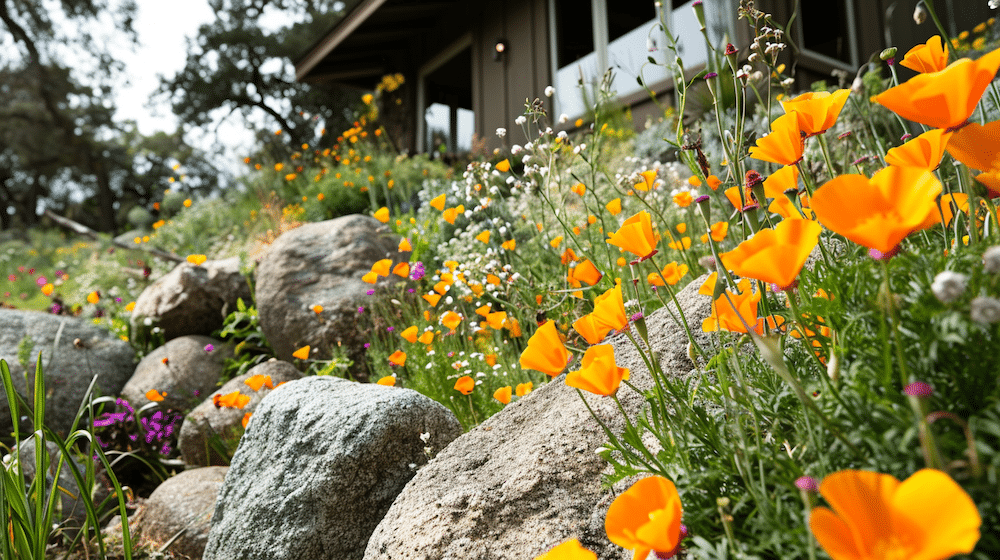 A vibrant backyard of california poppy flowers, blooming in full glory, creating a picturesque drought tolerant landscape.