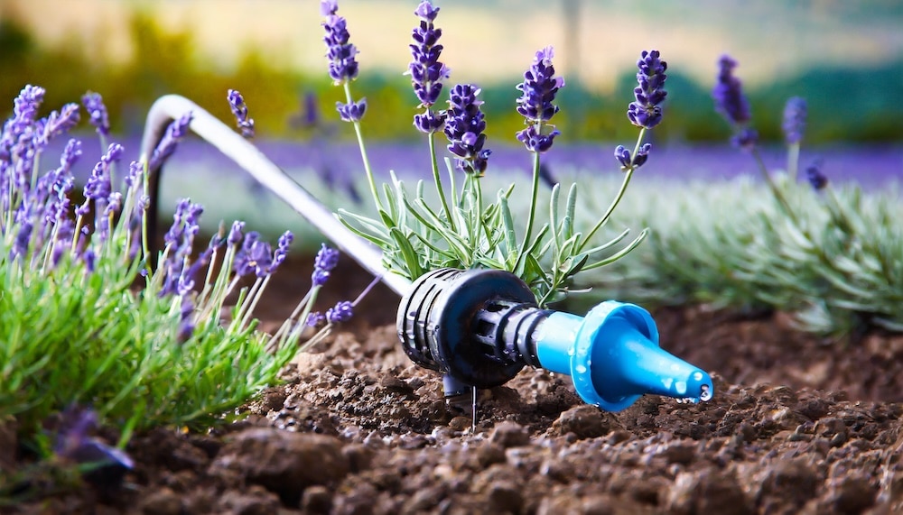 A drip irrigation device watering lavender plants in a garden, providing essential moisture for their growth and vibrancy.