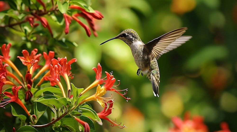 Hummingbird flying near a Cape Honeysuckle shrub