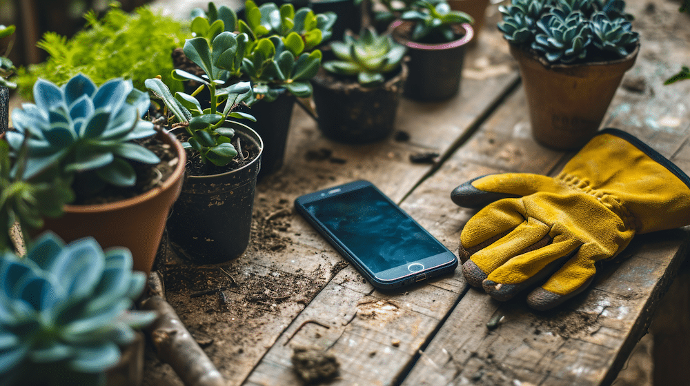 Smart phone laying on a work bench next to potted plants and a glove