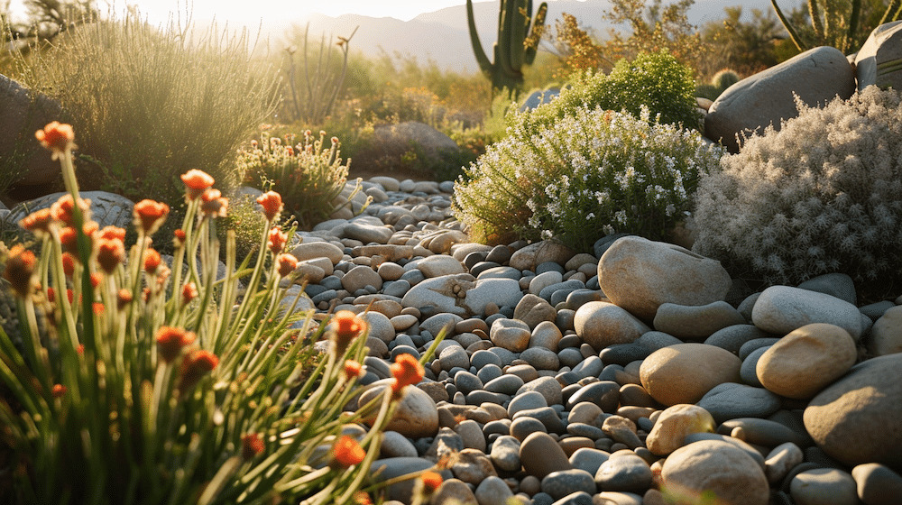 A vibrant desert garden adorned with rocks and colorful flowers, showcasing the beauty of arid landscapes.