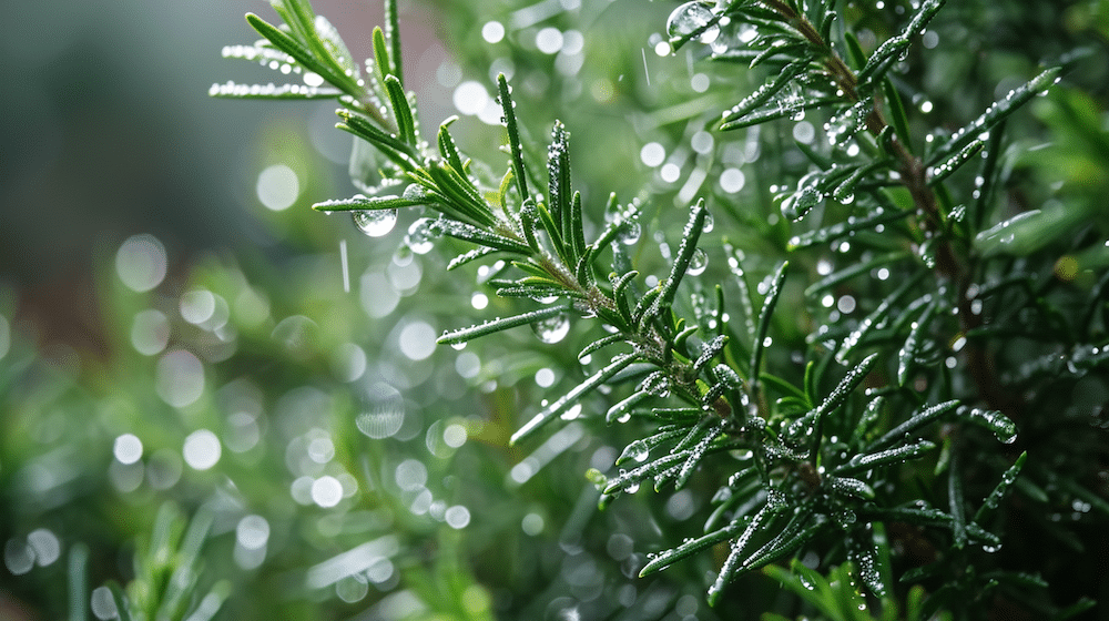 A close-up of a rosemary plant with water droplets glistening on its leaves