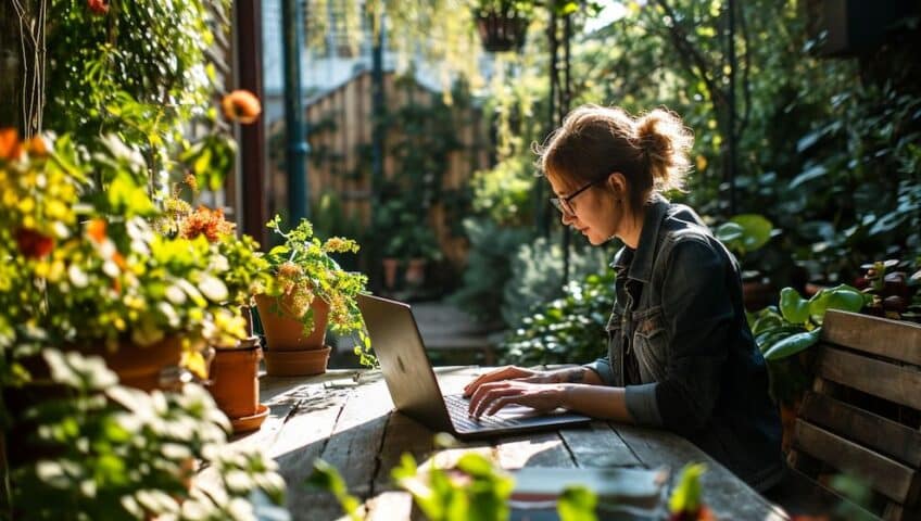 woman researching on a laptop in beautiful yard