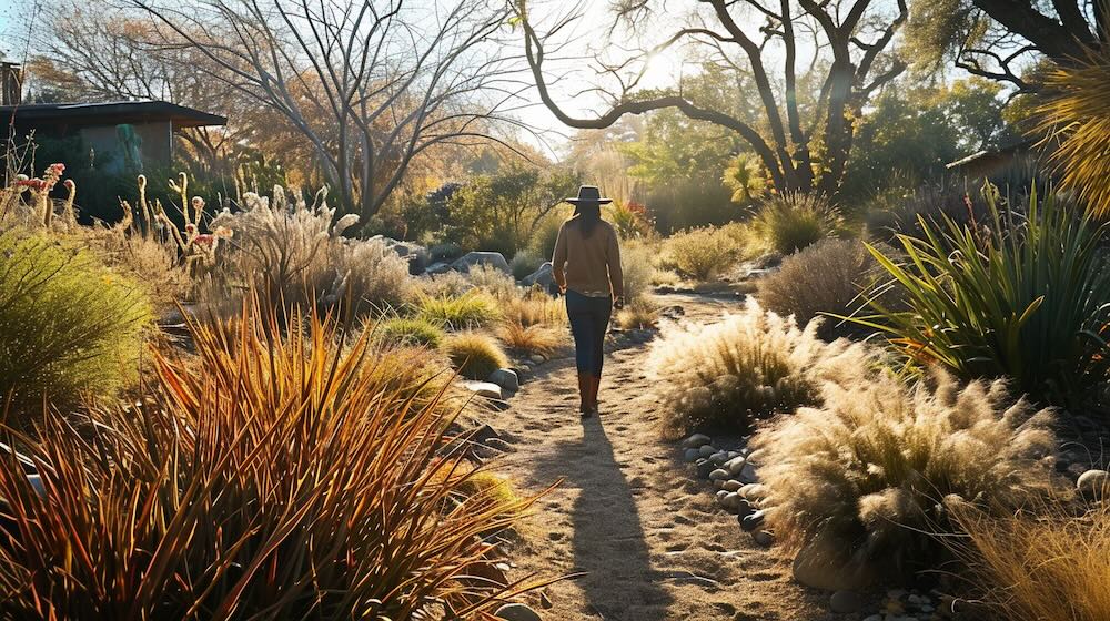 woman walking through a beautiful drought tolerant garden