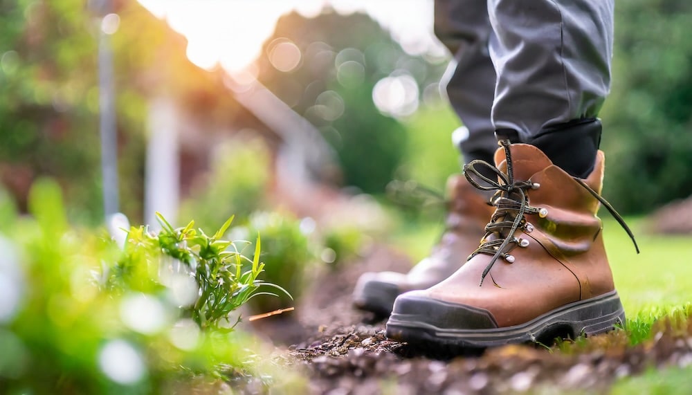 Close up on a person wearing a work boots and standing in a grassy area